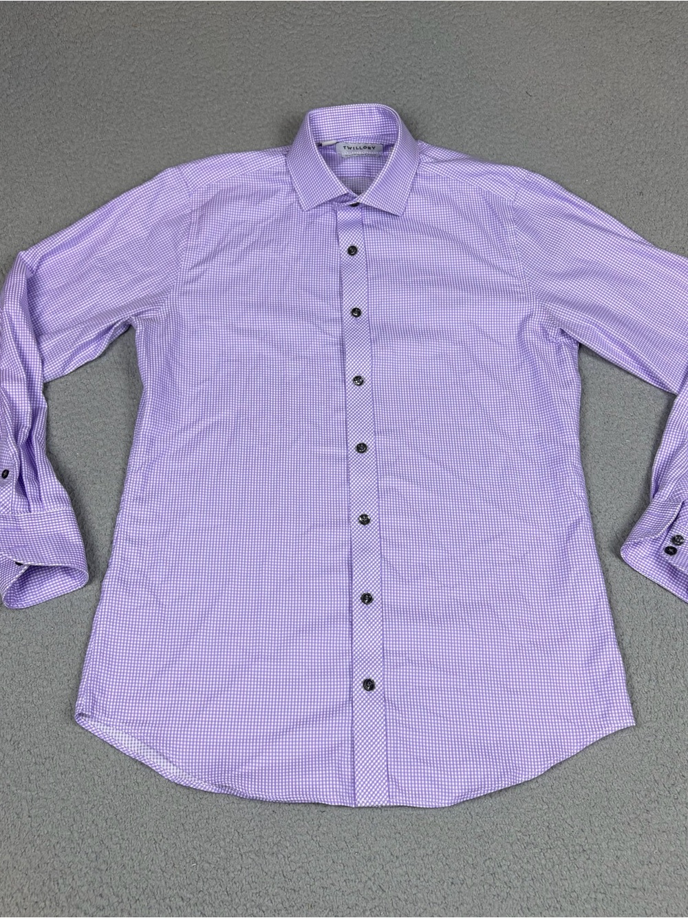 Twillory Dress Shirt Mens 15 32/33 Purple White Micro Check Safe Cotton No Iron